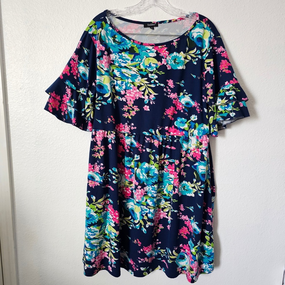 Tralilbee Navy Blue Floral Babydoll Dress Ruffle Short Sleeve Plus Size 2X